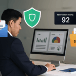 Professional man at desk viewing email analytics with spam, inbox, and security icons around him.
