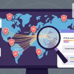 Illustration of a digital world map with IP addresses flagged for proxy and VPN usage, showing cybersecurity analysis tools and risk detection interface.