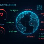 Cybersecurity dashboard with glowing globe and IP threat indicators.