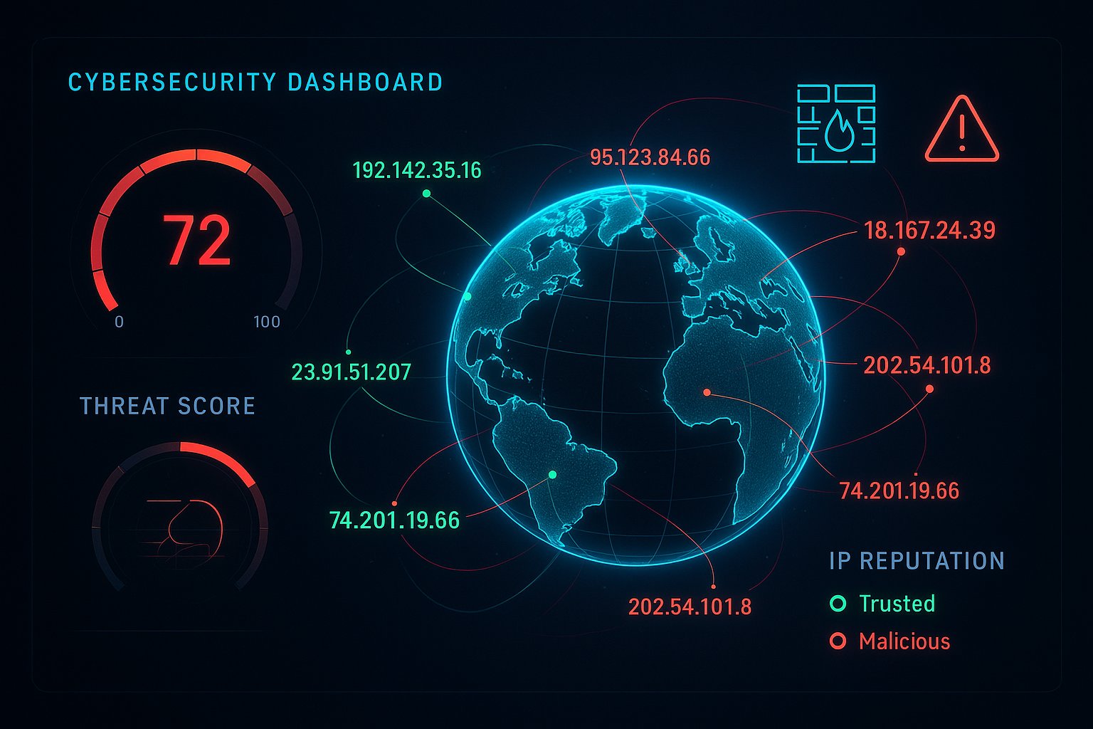 Cybersecurity dashboard with glowing globe and IP threat indicators.