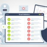 Email verification dashboard with checkmarks and warning icons.
