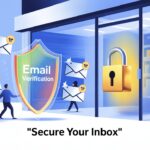 Illustration of a shield labeled "Email Verification" blocking fake emails with skull icons from entering a store with a large padlock on the door.